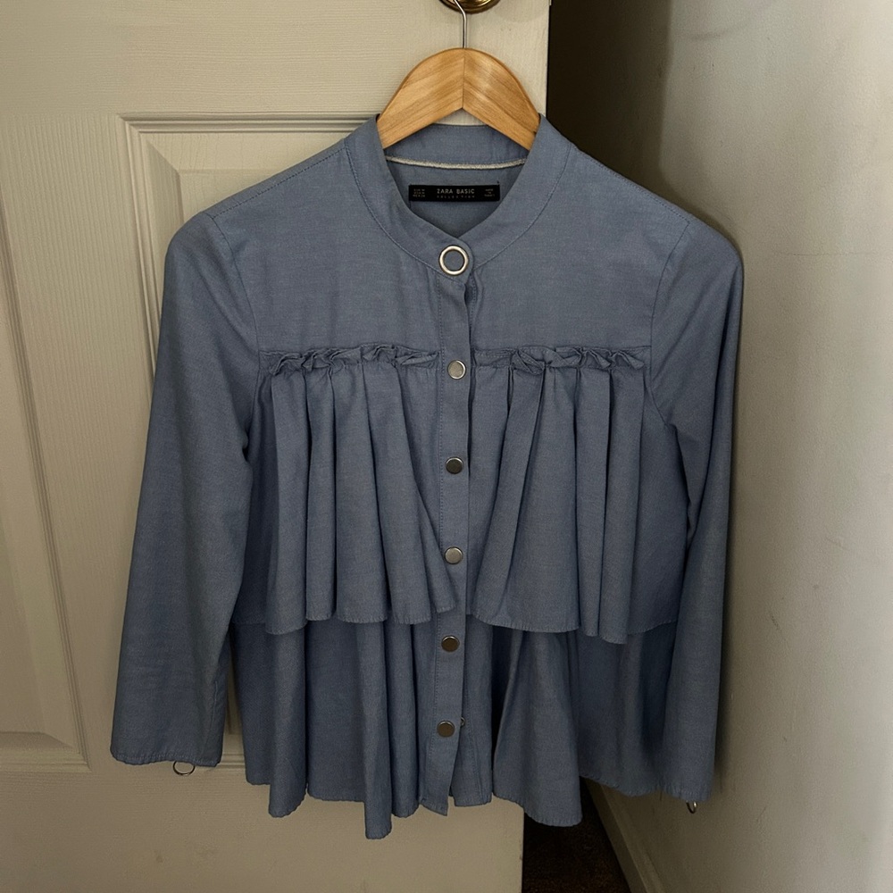Zara Blue Tiered Ruffle Snap-Front Jacket